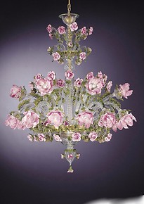 Chandelier with flowers in pink glass paste at three lights