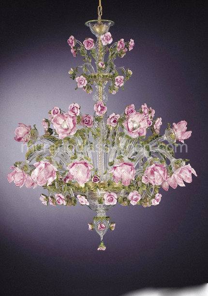 Rosai Chandelier, Chandelier with flowers in pink glass paste at three lights