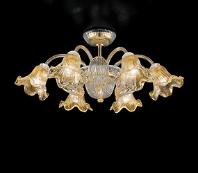 Six lights crystal and gold ceiling lamp with leaf