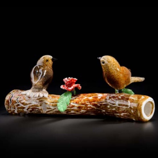 Sparrow, Little birds on trunk with flower