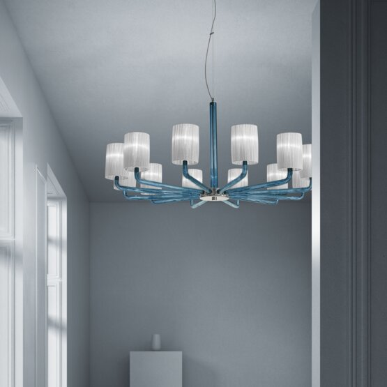 Can Can Chandelier, Blue crystal chandelier with lampshades in white color