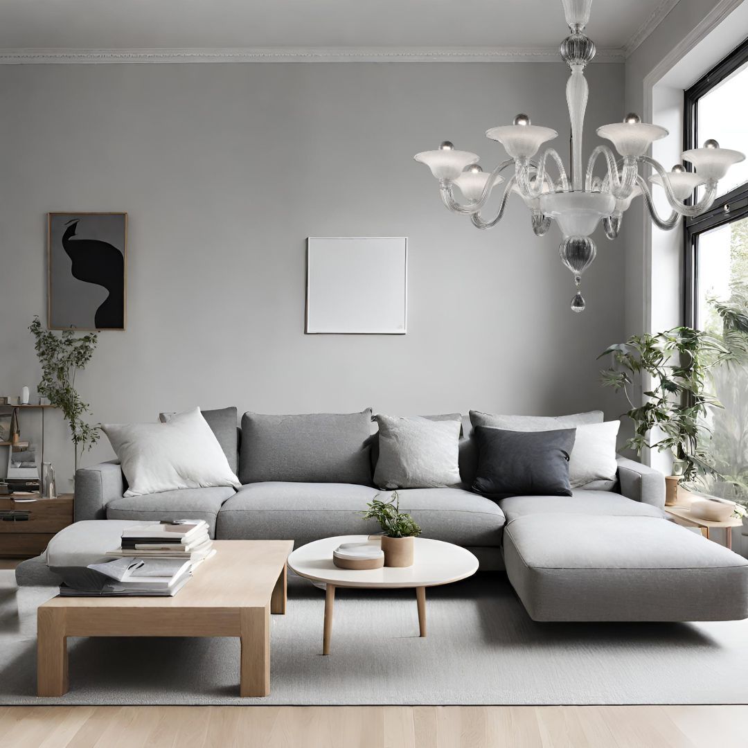 Minimalist living room with Achaean chandelier