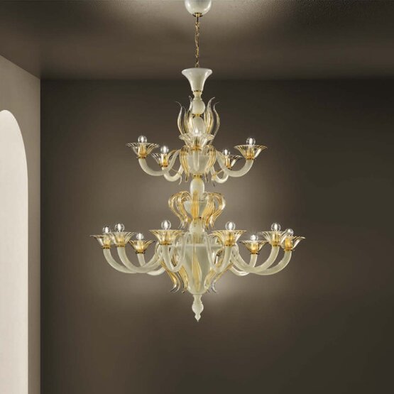 Ontani Chandelier, Crystal chandelier with amber decoration at fifteen lights