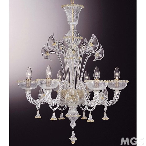 Filigree Chandelier, Filigree chandelier with gold decoration at six lights