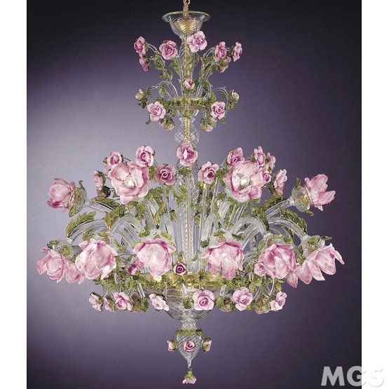 Rosai Chandelier, Chandelier with flowers in pink glass paste at eighteen lights