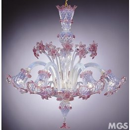 Chandelier in opal glass and pink decoration at five lights