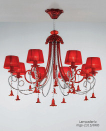 Red Chandelier with lampshades at three lights
