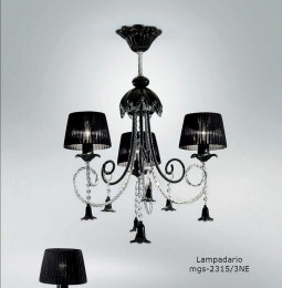 Black chandelier with lampshades at six lights