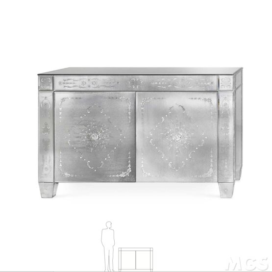 Madoneta Credenza, Two Door Credenza with Artistic Engravings