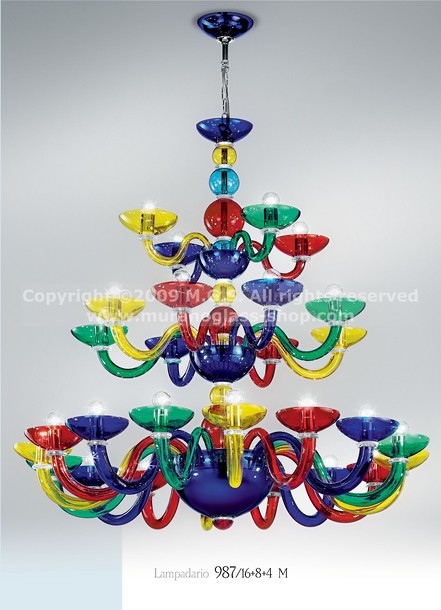 987 Multi colored chandeliers, Fiammingo style multi colored chandelier at twenty eight lights
