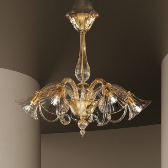 Venier Chandelier, Crystal chandelier with amber decoration at five lights