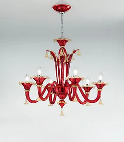 Red and gold chandelier at eight lights