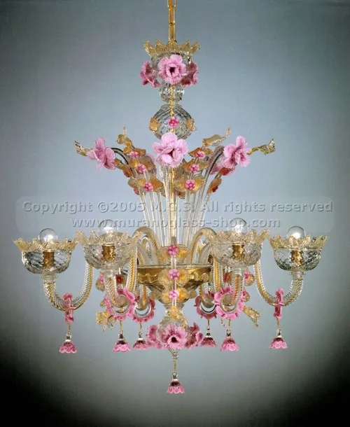 Murano Chandeliers 095 series, Crystal chandelier with gold decoration at six lights.