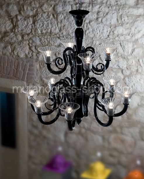 1388 Series Chandelier, Black and crystal chandelier at nine lights
