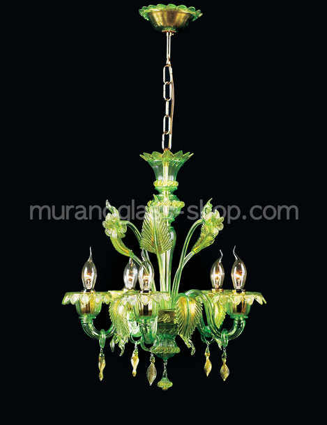 Barovier Chandelier, Green and gold five lights chandelier