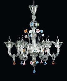 Crystal chandelier with details in colored paste at five lights