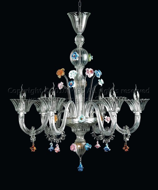 Ponti Chandelier, Crystal chandelier with details in colored paste at three lights