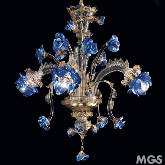 Flowered chandelier, Crystal chandelier at 6 lights with gold and blue paste