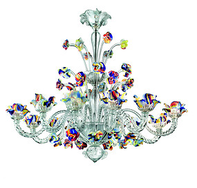 Crystal chandelier with colorful flowers at eight + four lights