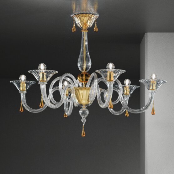 Dolfin Chandelier, Crystal chandelier with amber at six lights