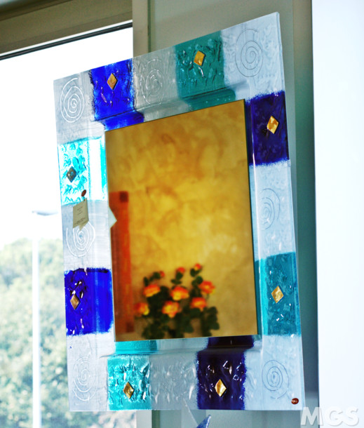 Coloured mirror, Modern mirror in blue, sky-blue and white colors square version
