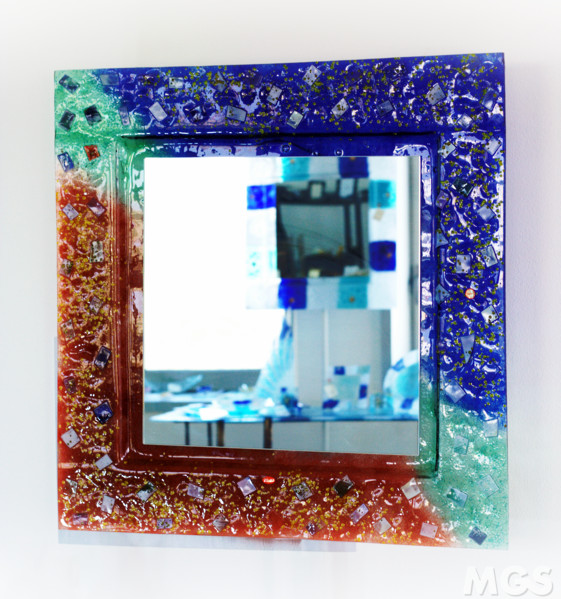Coloured mirror, Modern mirror in blue, bordeaux and aquamarine