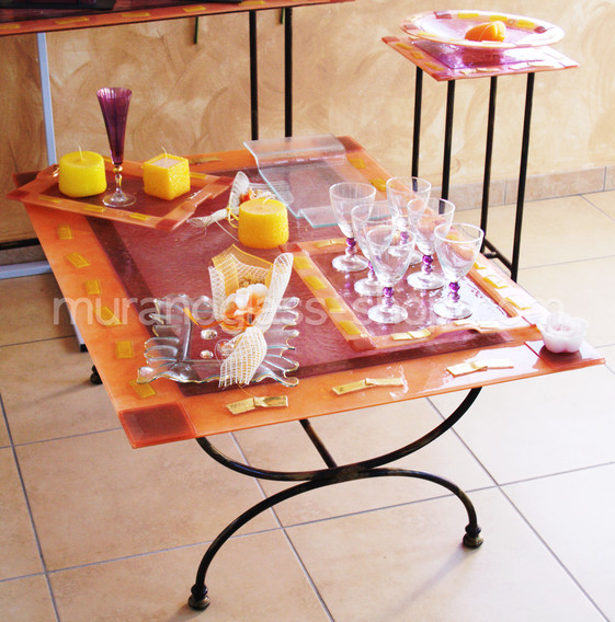 Glass Furniture Series 30, Small glass table in salmon color with gold cards
