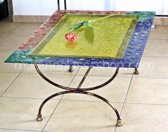 Glass Furniture Series 30, Table in blue, bordeaux, aquamarine and yellow color