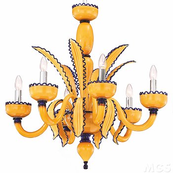 Chandelier yellow glass paste and outer edges with eight lights