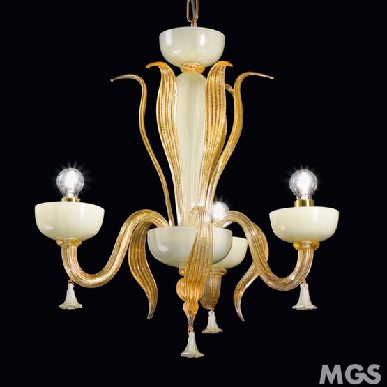 Foscari Chandelier, Chandelier in white milk and ivory with 24k Gold