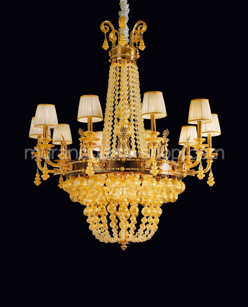 2759 Chandelier, Chandelier with blown spheres in crystal and 24k gold, blued metal finish
