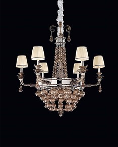 Chandelier with blown spheres in smoked crystal, silver metal finish