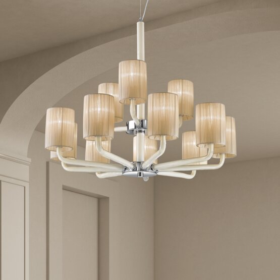 Can Can Chandelier, Chandelier with lampshades in milk white and amethyst