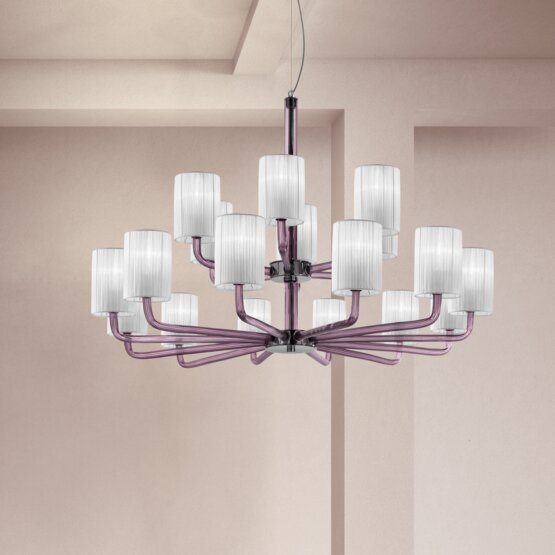 Can Can Chandelier, Chandelier with lampshades in milk white and amethyst
