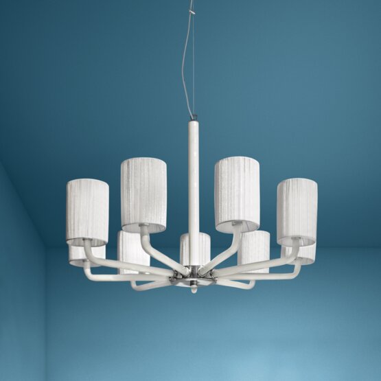Can Can Chandelier, Crystal chandelier in blue color with lampshades in white color