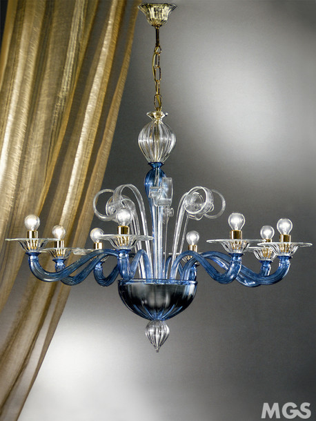 Paradiso chandelier, Crystal chandelier blue details at six lights