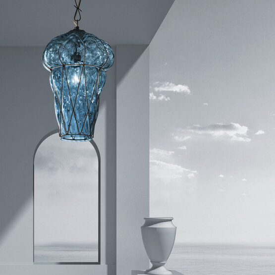 Tiepolo lantern, Crystal lantern in blue denim color with rough steel finishes