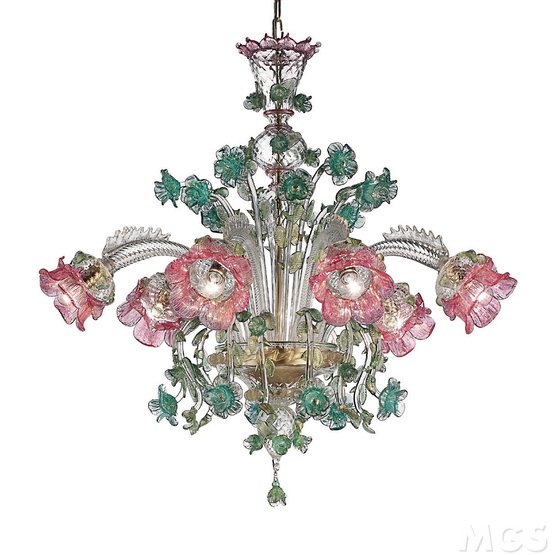 Flowered chandelier, Chandelier at six lights in crystal and gold with pink and green decorations