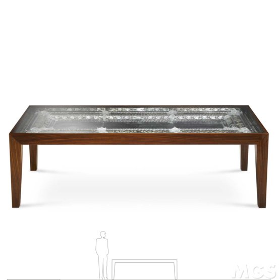 Exposée Table, Rosewood table and transparent glass top with inside