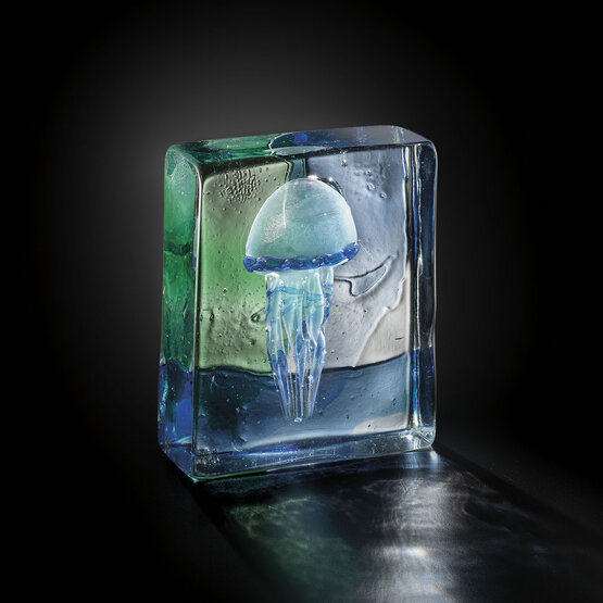 Aquarium with jellyfish, Blue jellyfish inside a crystal block