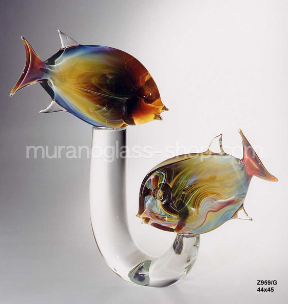Fish in chalcedony glass, Pair of fish on crystal base