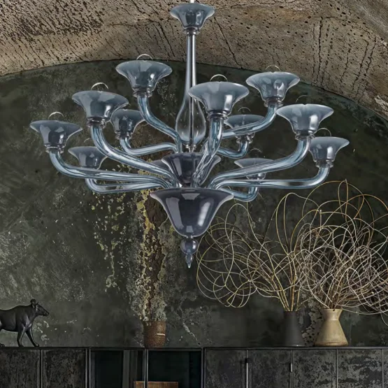 Corner chandelier, Corner chandelier with 8 + 4 lights in milk white and grey