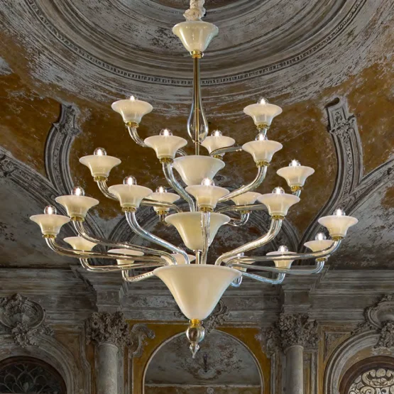 Corner chandelier, Corner chandelier with 12 + 6 + 3 lights ivory color