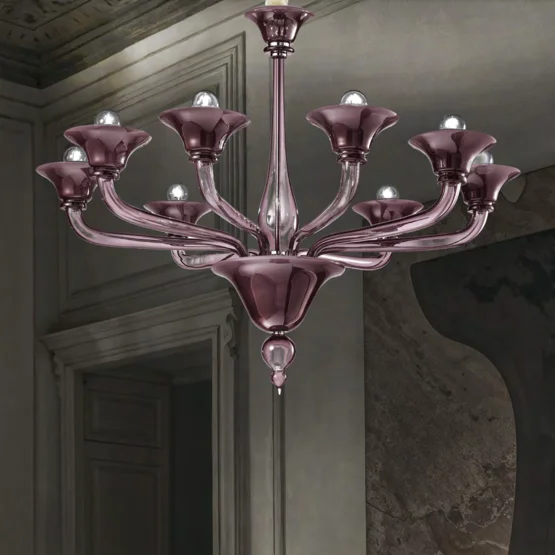 Corner chandelier, Corner chandelier with 8 lights in milk white and amethyst