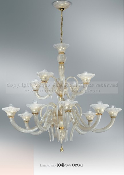 Guibet Chandelier, Chandelier at eighteen lights in white and 24k gold glass