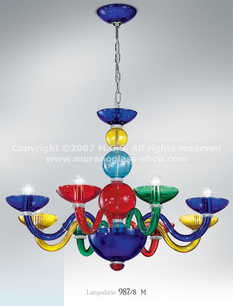 987 Multi colored chandeliers, Fiammingo style multi colored chandelier at eight ligts