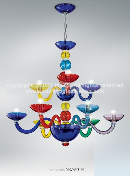 987 Multi colored chandeliers, Fiammingo style multi colored chandelier at eighteen lights