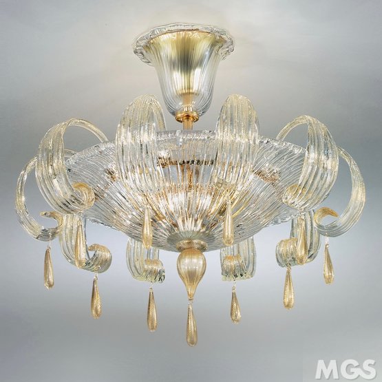 Gocce Ceiling light, Crystal ceiling lamp with 24k gold decoration at three lights