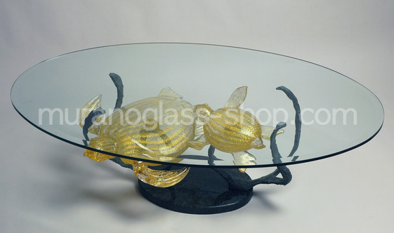 Table with sculptures, Table with gold turtles