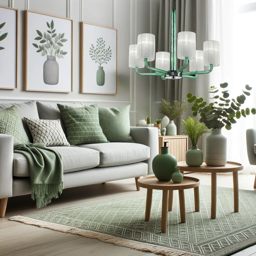 Living room with many plants and green chandelier